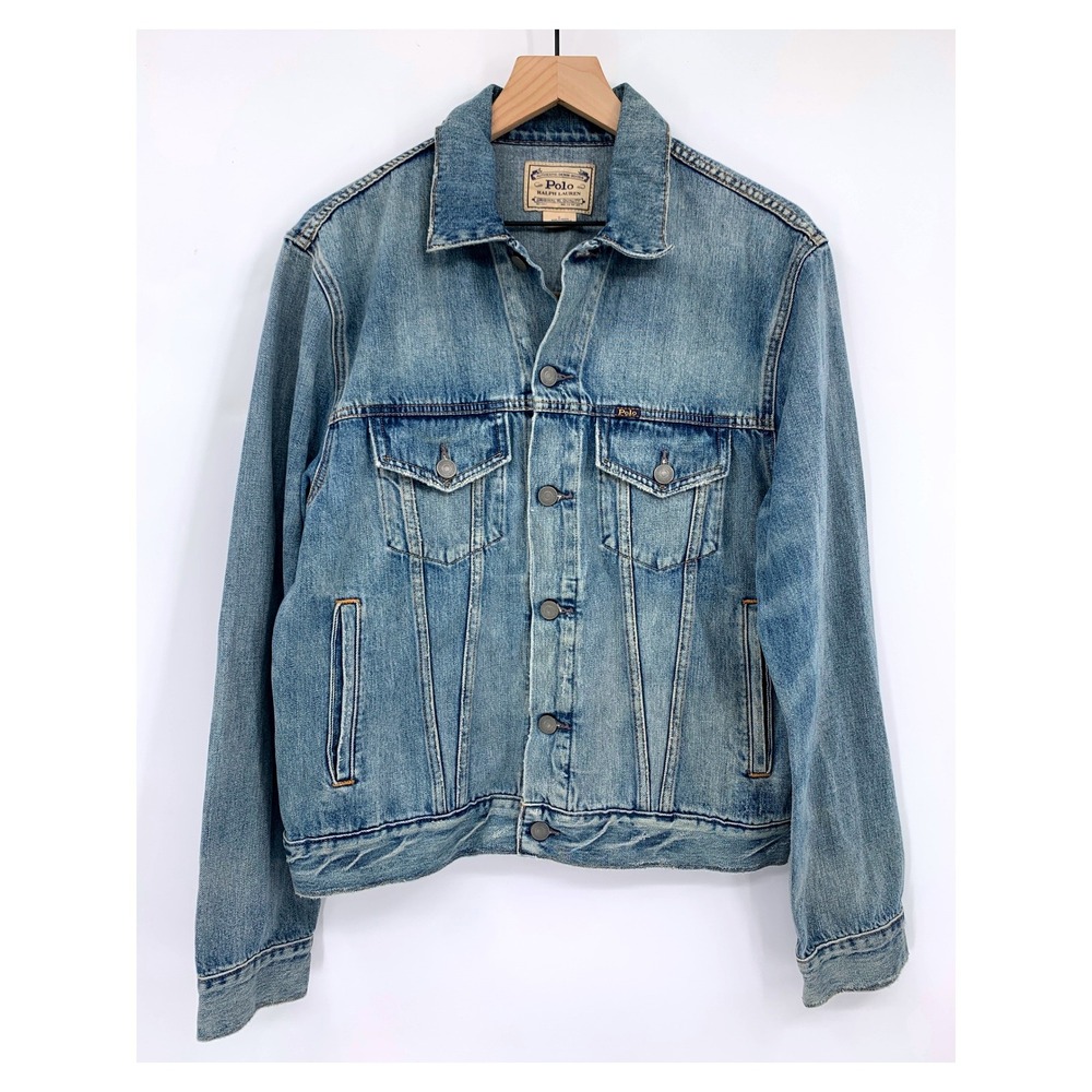 Polo Ralph Lauren Denim Jacket Mens Medium Blue Faded Trucker Workwear Classic